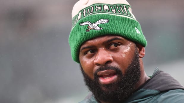 Philadelphia Eagles defensive tackle Fletcher Cox (91) during warmups against the Buffalo Bills at Lincoln Financial Field.